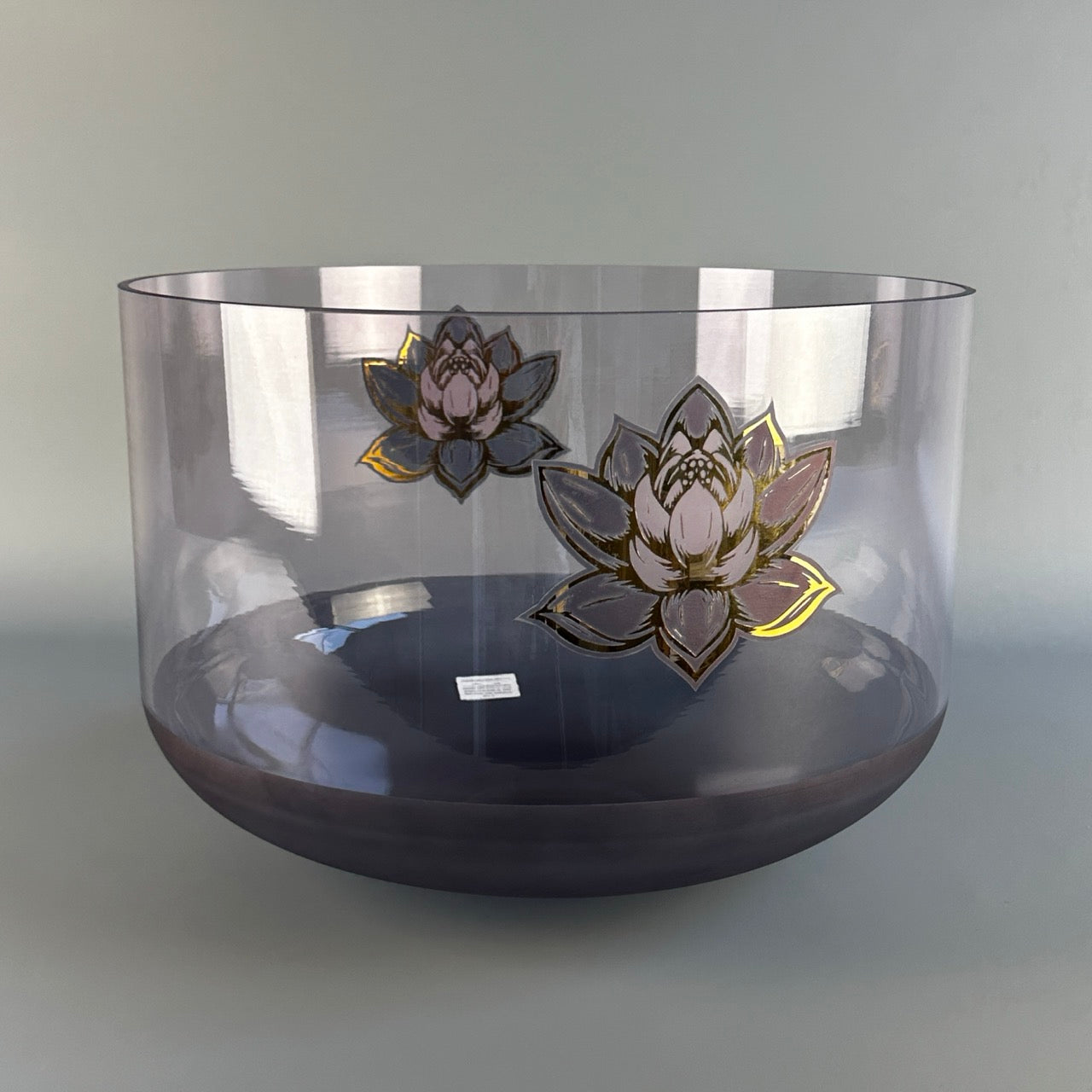 LOTUS LIGHT - A 16" A+40 SuperGrade Alchemy™ Crystal Bowl® Violet Aura Gold, W/ Gold Lotus Flower, Pink Aura Gold Inset Frosted Base Alchemy™ Crystal Bowl® Side View